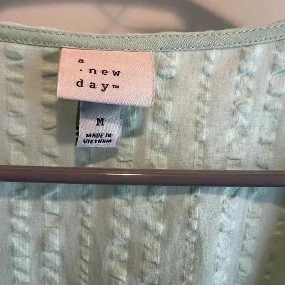 A New Day Dress Women Size M Mint Green Crinkle Stripe Flutter Pullover Pockets - Picture 3 of 7